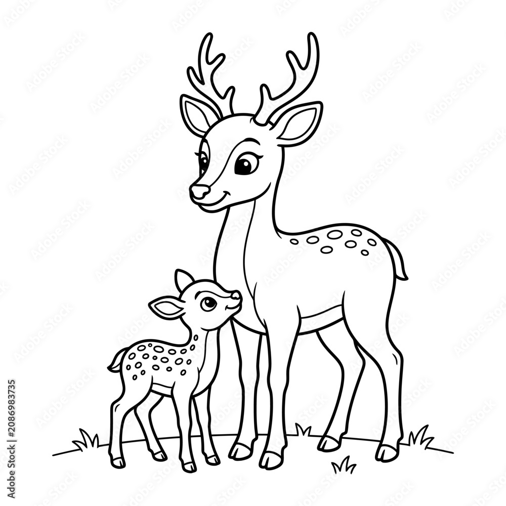 Naklejka premium Cute deer mom and baby fawn standing in forest glade cartoon outline vector isolated white background.