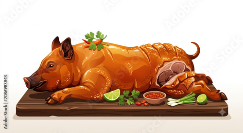 Traditional whole roasted suckling pig served on wooden platter illustration