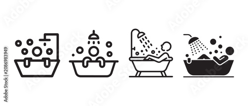 Obraz na płótnie Bathing in Bathtub Icons Set Featuring People Taking a Shower with Bubbles in Minimalist Line Style