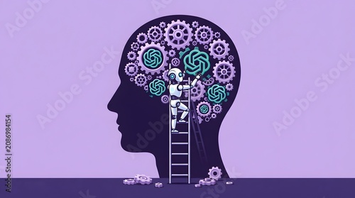 Purple silhouette head filled with gears robot climbing ladder to adjust mechanism artificial intelligence concept