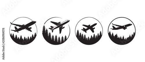 Obraz na płótnie Airplane silhouettes flying over pine forest circles in a minimalist vector illustration style