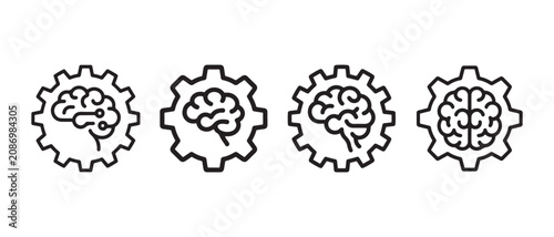 Brain gear icons set representing cognitive processing and mental engineering in a minimalist style.