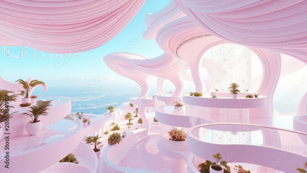 Fototapeta premium Futuristic pink architecture overlooks ocean views. Soft lighting creates dreamy, surreal atmosphere. Plants accent flowing design elements.