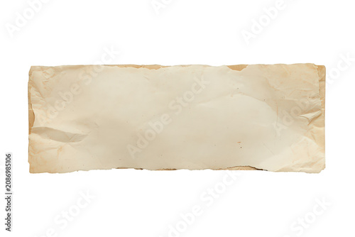 Torn old paper rectangle with wrinkled surface, rough edges, vintage aged texture, and transparent background