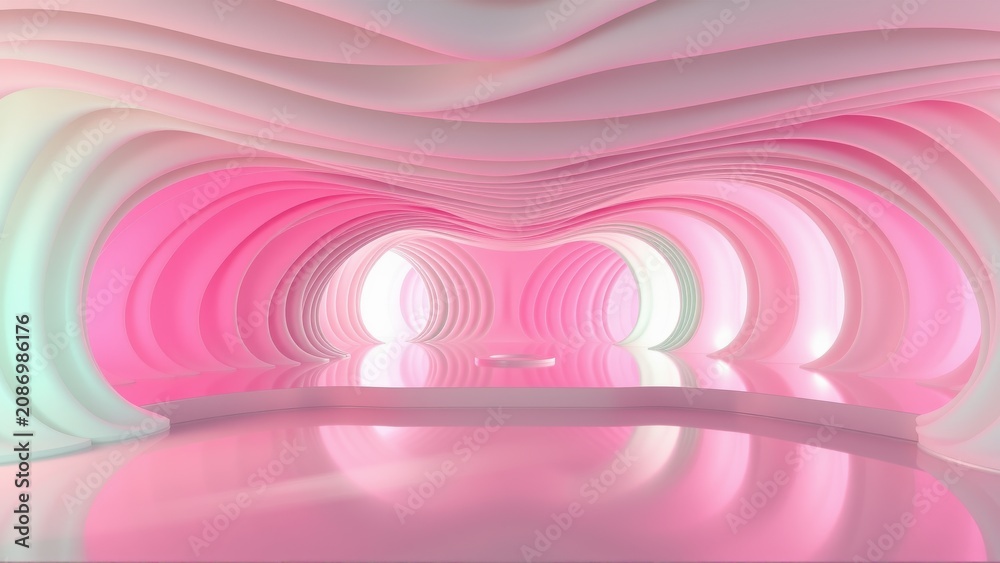 Fototapeta premium Abstract tunnel, pink hues dominate. Smooth curves create illusion depth, reflective surface adds visual interest. Modern design, futuristic aesthetic.