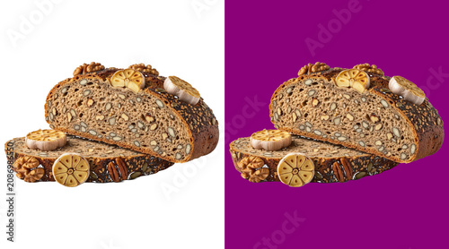 Foto Sliced multigrain bread loaf with walnuts and dried orange slices on isolated on