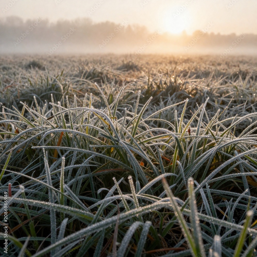 Fototapeta premium Dew covered grass field at sunrise background