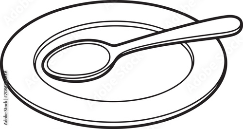Plate with spoon on top black and white line art silhouette high quality