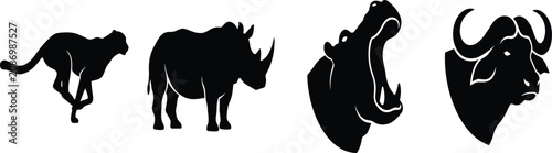 Photography Black silhouette icons of African wild animals including running cheetah rhinoce