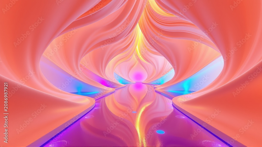 Fototapeta premium Abstract fractal artwork. Vivid colors blend, creating tunnel illusion. Light radiates from central point, mirroring below.