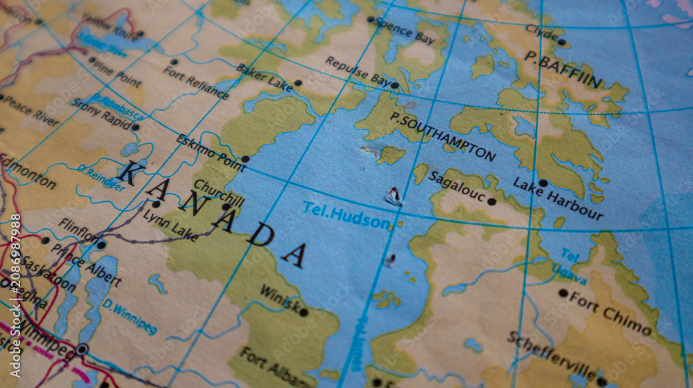 Naklejka premium Map of Hudson Bay in northeastern Canada which is connected to the Atlantic and Arctic Oceans