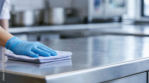 Person cleaning stainless steel kitchen surface