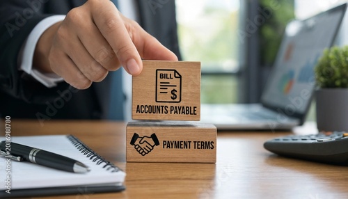 Businessman placing wooden block with bill and accounts payable on office desk with notebook and laptop in background  office supplies and financial concepts