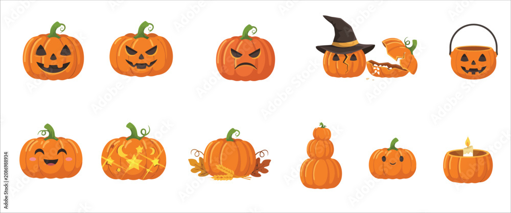 Fototapeta premium Halloween pumpkin character set jack o' lanterns decorations and festive designs