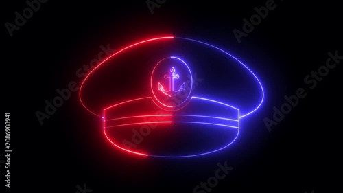 Glowing neon Captain hat icon isolated on black background. maritime accessory, Uniform Cap Symbols, Nautical Headwear and nautical theme element. 4K Video animation.
