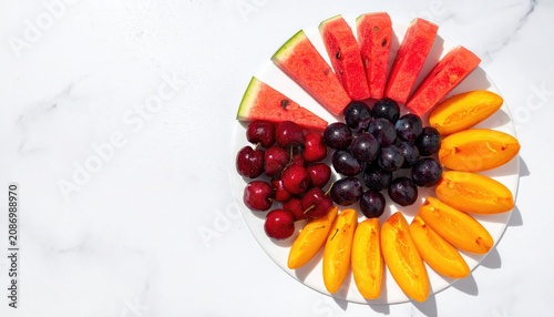 Fresh Fruit Platter with Watermelon, Peaches, Blueberries, and Cherries on Marble Surface