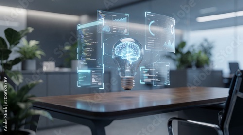 Futuristic holographic interface displaying data above a modern office desk with plants in a contemporary workspace
