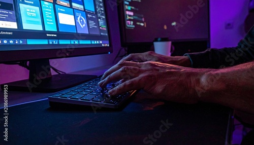Programmer typing on keyboard in dark room with neon purple lighting