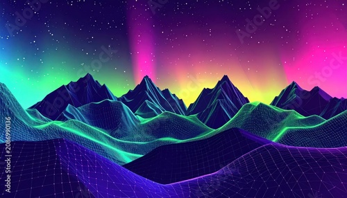 Neon aurora borealis over digital wireframe mountain peaks