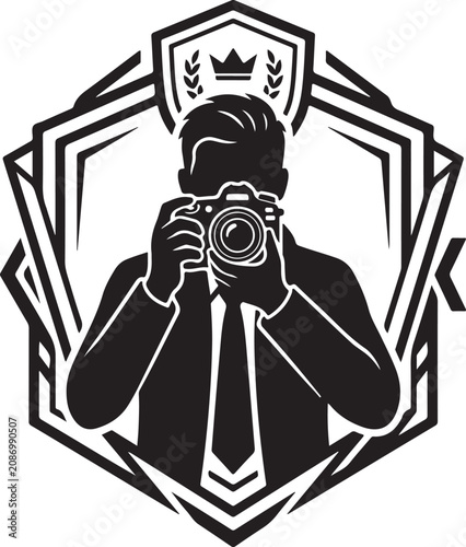 photographer silhouette with camera and shield emblem silhouette high quality professional detailed modern