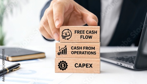 Businessman stacking wooden blocks with financial terms free cash flow cash from operations capex on office desk with laptop notebook and pen