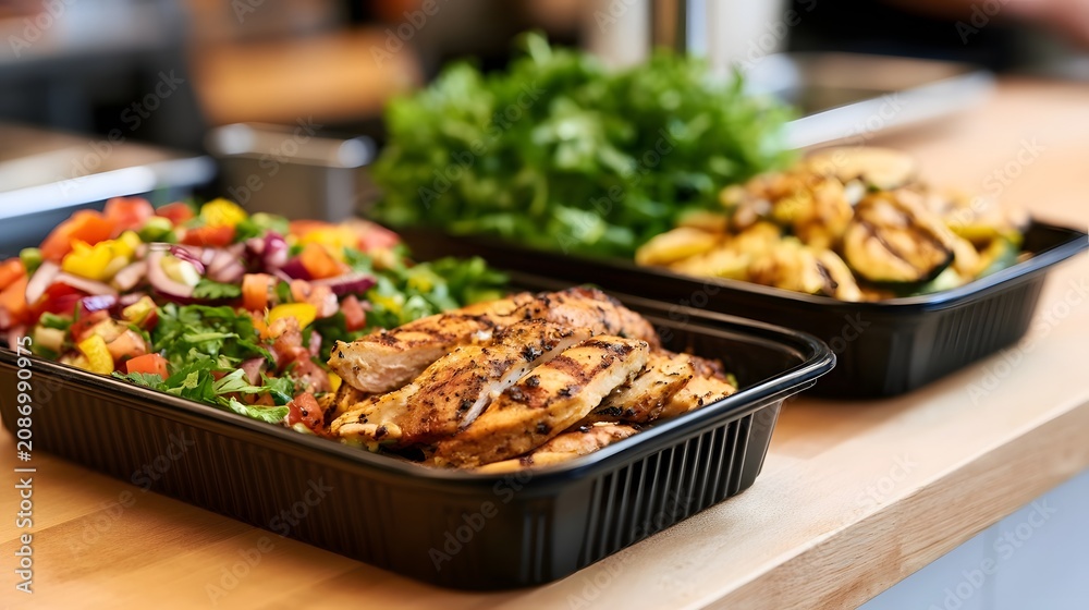 Obraz premium Grilled chicken breast and fresh vegetable salad served in black meal prep containers on a wooden counter