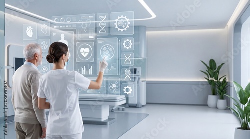 Doctor showing holographic medical scan and DNA analysis to elderly patient in futuristic clinic room