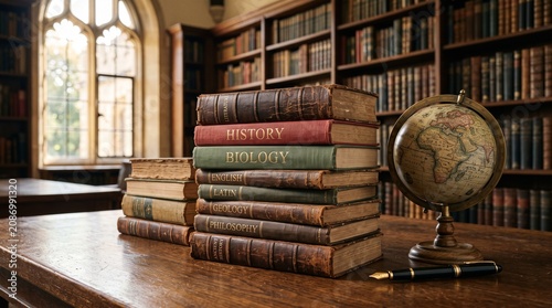 A stack of antique academic textbooks and a vintage desktop globe arranged on a polished wooden library table under soft natural light within an old traditional study filled with floor to ceiling