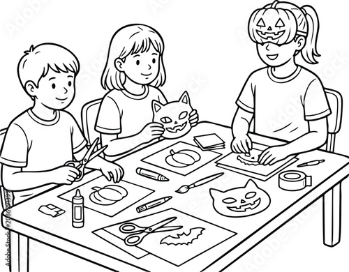 Children making Halloween crafts at a table with scissors glue and masks