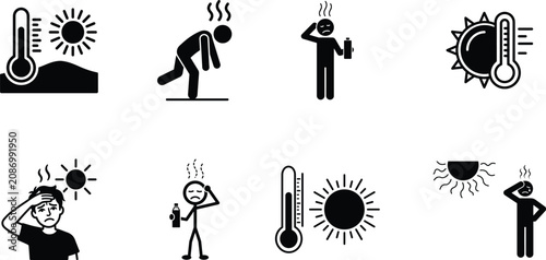 Fotografía Hot weather vector icons sun thermometer heat stroke symptoms