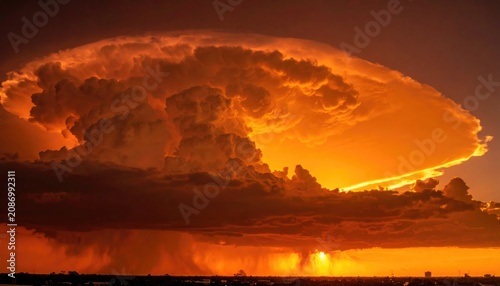A breathtaking fiery sunset with a large cumulonimbus cloud formation overhead.
