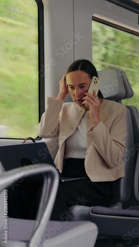 A businesswoman talks on the phone while working on her laptop during a train commute. Vertical video.