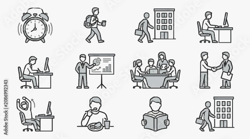 Canvastavla Industrial Black and White Line Drawing Icons Showing Daily Work Routine and Off