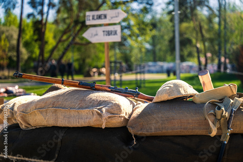 Fotografie Pilsen, Czech Republic - May 2, 2026: WWII military reenactment outpost with san
