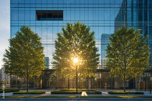 City park photo background for business banner with green trees and modern glass buildings