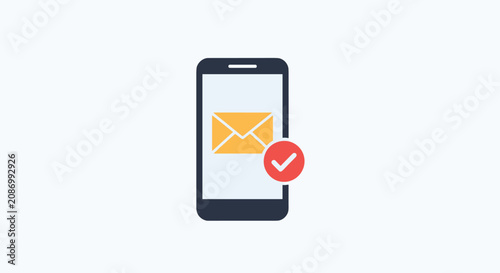 Modern smartphone displaying a yellow envelope icon with a red checkmark indicating that a message was successfully sent.