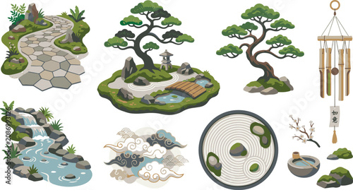 Obraz na plátne Traditional oriental landscape icons featuring bonsai, wind chime, and sand gard