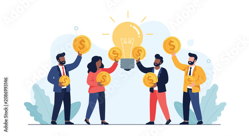 Diverse team of investors contributes golden coins to support a large glowing lightbulb idea representing crowdfunding and startup capital.