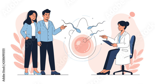Medical professional explains the process of in vitro fertilization to a young couple during a fertility clinic consultation in a bright office.