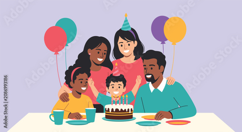 Multiethnic family celebrates a young boy's birthday with a chocolate cake, candles, and colorful balloons during a joyful party at home.