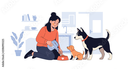 Kind woman kneels on her kitchen floor to feed two dogs a healthy meal from a pet bowl to show responsible animal care and companionship.