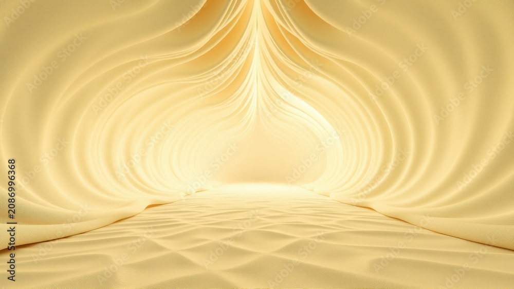 Fototapeta premium Golden abstract tunnel, flowing shapes create light, depth. Soft curves suggest infinite passage, warm tones dominate composition.