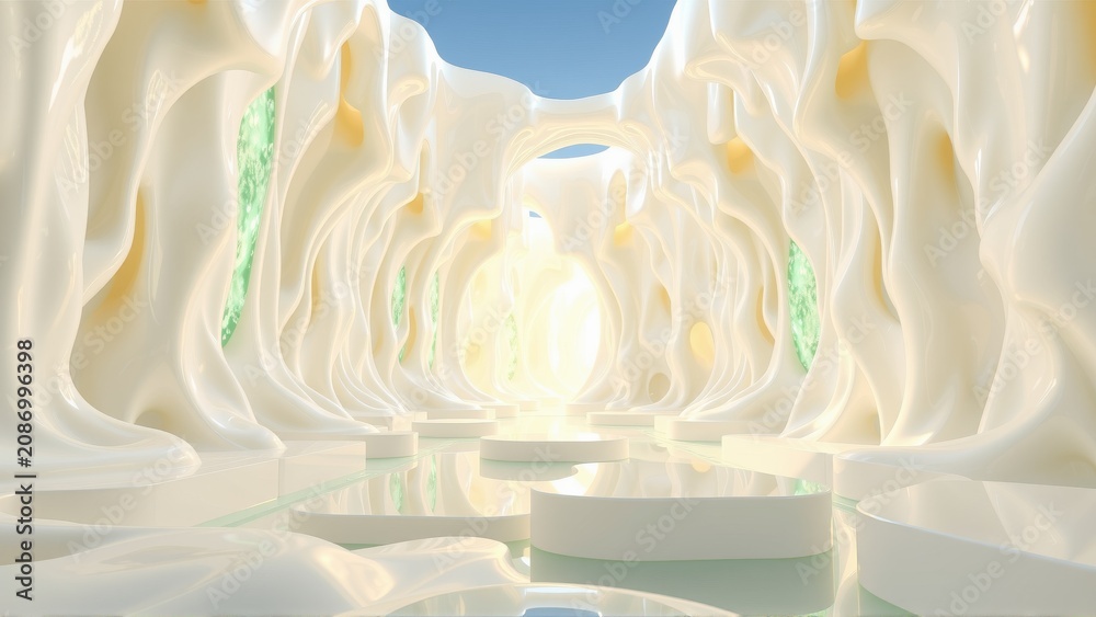 Fototapeta premium Abstract interior, flowing organic shapes, soft lighting, futuristic design. Minimalist space evokes calm, serene atmosphere.