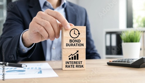 Man in business suit holding wooden blocks with bond duration and interest rate risk on desk with calculator and papers
