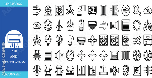 Foto Air ventilation line icon set featuring HVAC, cooling, airflow, fan, vent, air conditioning, and filtration