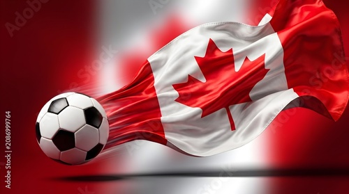 Football with red white Canada flag speed trail for soccer world cup promo banner marketing