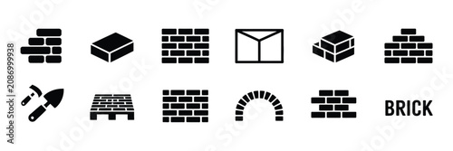 Brick masonry construction icons featuring bricks, trowel, wall, mortar, and building tools in minimalist glyph style for architecture and renovation design.