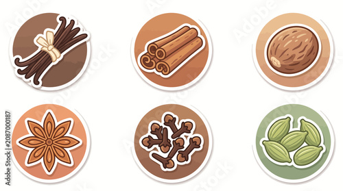 Assorted Culinary Baking Spices Icons with Cinnamon Vanilla and Star Anise