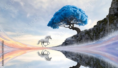 White horse running near blue tree and water reflection illustration