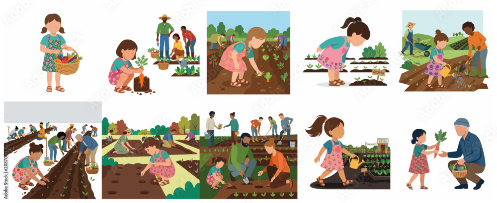 Fototapeta premium Set of diverse people and children gardening, planting seeds, and harvesting vegetables in a community farm illustration